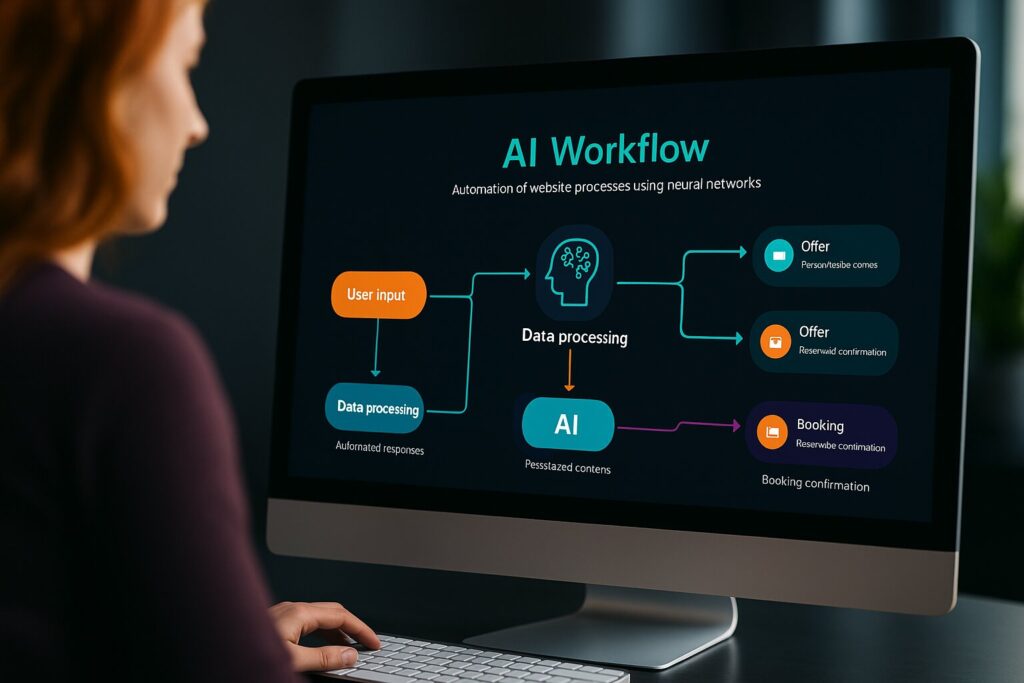 Frau betrachtet einen Computerbildschirm mit einem AI-Workflow-Diagramm zur Automatisierung von Website-Prozessen durch künstliche Intelligenz