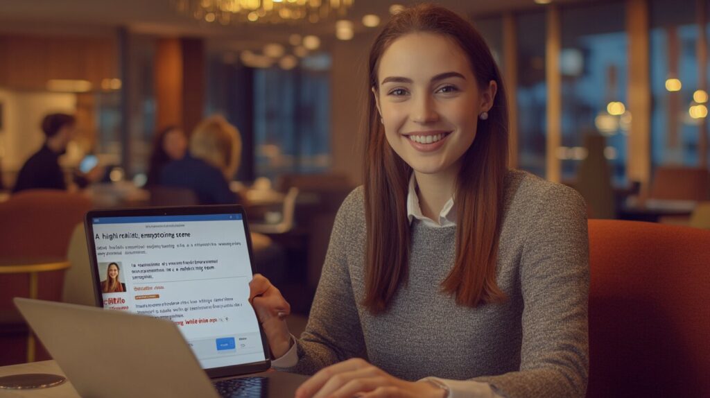 Eine junge Frau sitzt in einem modernen Arbeitsumfeld und zeigt lächelnd auf den Bildschirm ihres Laptops, auf dem eine Recruiting-Website für Hotelberufe geöffnet ist.
