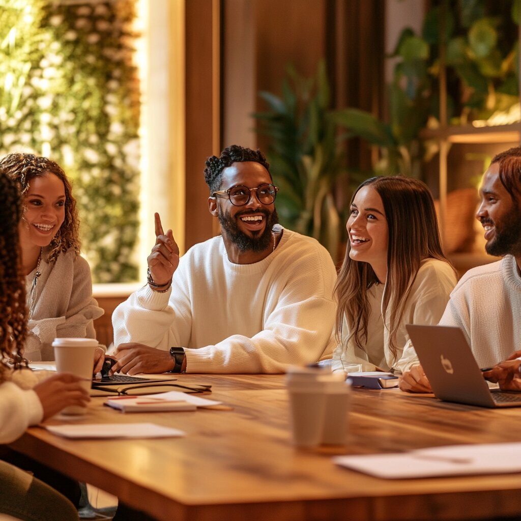 ine Gruppe junger Erwachsener in einem entspannten Arbeitsmeeting an einem Holztisch, lächelnd und diskutierend in einem gemütlichen Raum mit Pflanzen im Hintergrund.