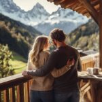 Ein junges Paar steht auf einem Balkon eines Chalets, Arm in Arm, mit Blick auf verschneite Berggipfel bei sonnigem Wetter.