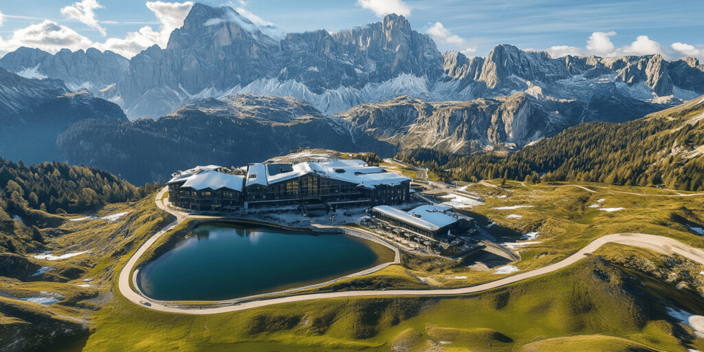 in modernes Berghotel mit schneebedecktem Dach und großen Glasfassaden, eingebettet in eine beeindruckende Berglandschaft mit einem spiegelnden Bergsee im Vordergrund.