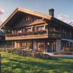 Rustikales Chalet im traditionellen Alpenstil mit Holzfassade und Steinmauern, umgeben von blühendem Garten, grünen Wiesen und Bergpanorama im Hintergrund.