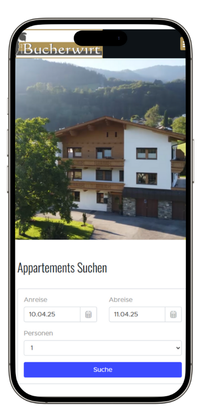 Screenshot der mobilen Website des Bucherwirts im Zillertal mit Unterkunftsfoto und integriertem Buchungssystem für Appartements