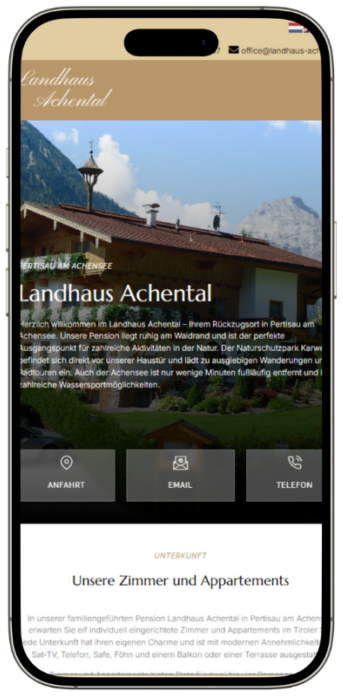 Screenshot der mobilen Website des Landhaus Achental mit Navigation zu Anfahrt, E-Mail, Telefon und Beschreibung der Zimmer und Lage