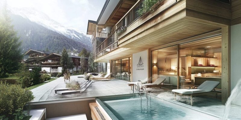Modernes Alpenchalet mit privatem Pool, Holzfassade und Panoramafenstern in den Zillertaler Alpen, umgeben von grünen Wiesen und Bergen.